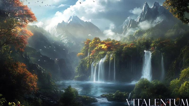 Cascading mountain waterfalls under luminous atmospheric light