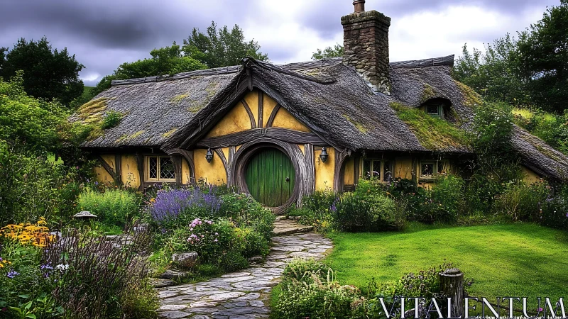 Rustic thatched cottage nestles within lush flowering garden