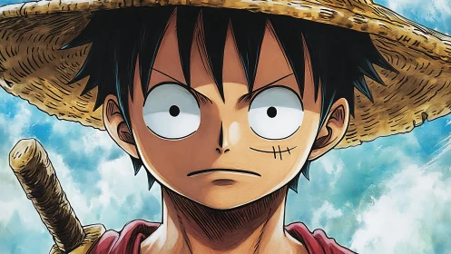 Straw hat anime character portrait with cloudy sky background.