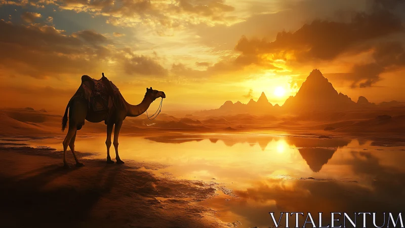 Camel beside mirrored desert lake at blazing sunset.