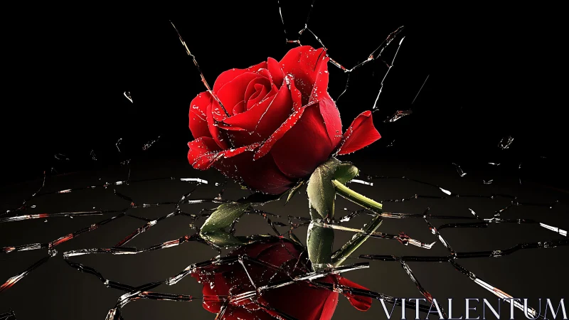 Red rose rising gently from a web of shattered glass.