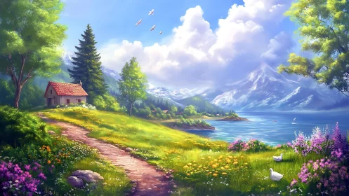 Lakeside alpine meadow with cottage under volumetric clouds.