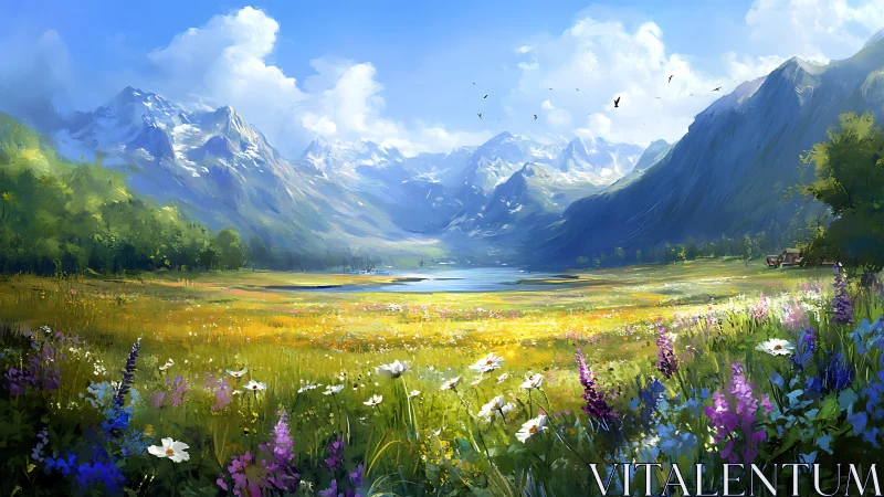 Sunlit alpine meadow opening toward distant crystal lake.