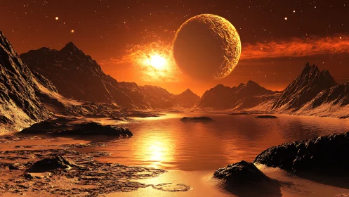 Fiery alien sunset welcomes curious eyes to a distant shore