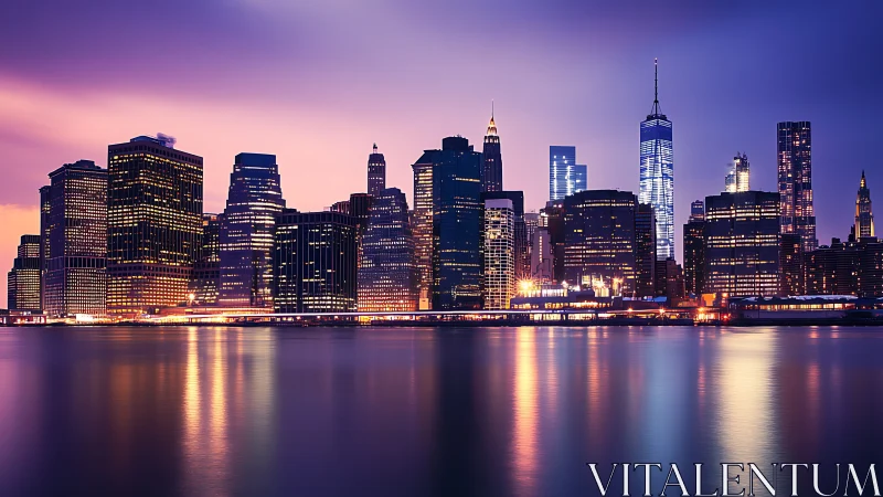 Neon dusk skyline draped in violet reflections over water.