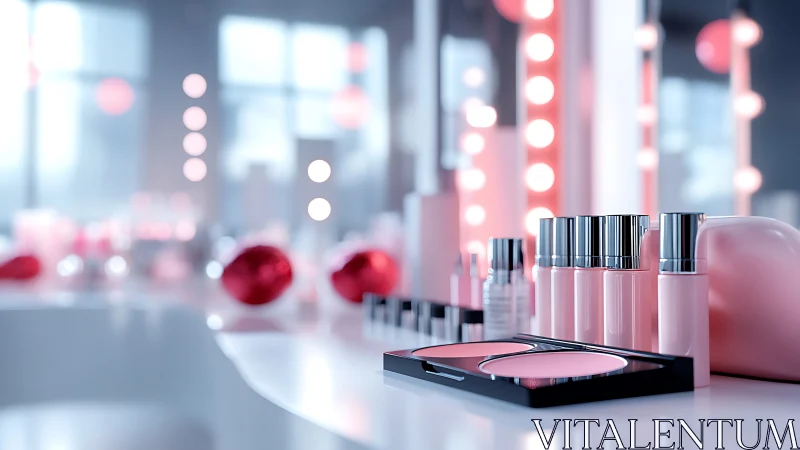 Glamorous pink cosmetics glow under bright vanity lights