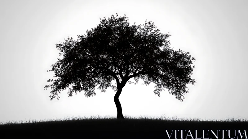 Silhouette of solitary tree on grass ridge in grayscale.