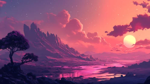 Dreamy alien sunset bathes jagged mountains in soft glow