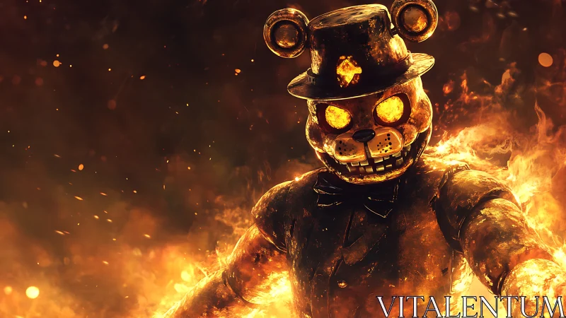 Flaming clockwork bear marches through swirling embers.