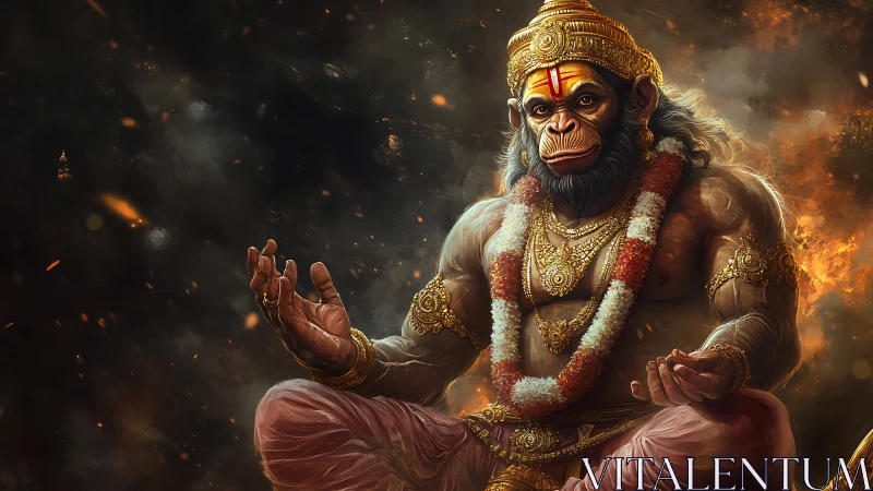 Fiery cosmos hums while divine simian sage glows in stillness