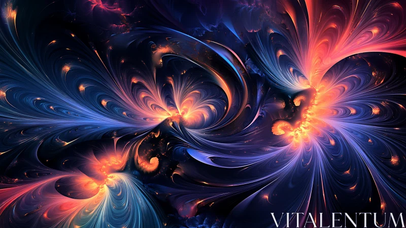 Fractal light patterns in blue and orange swirling forms.
