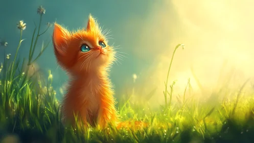 Ginger Kitten in Meadow. Golden Fur Meets Spring Flowers.