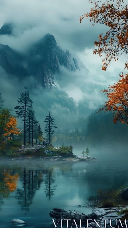 Fog-draped alpine lake reflects conifer island and misty peaks