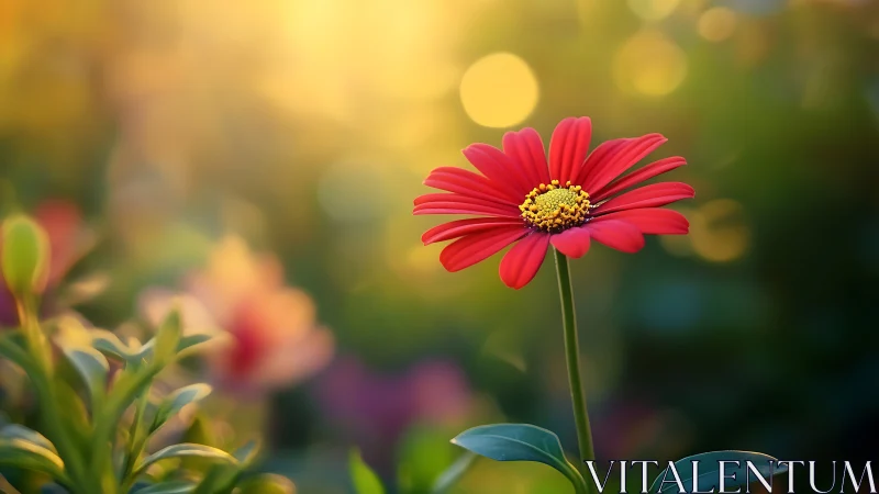 Red Gerbera Daisy in Golden Bokeh Garden Setting.
