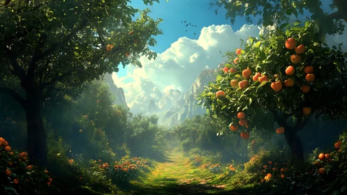 Luminous orchard corridor with volumetric light and albedo detail.