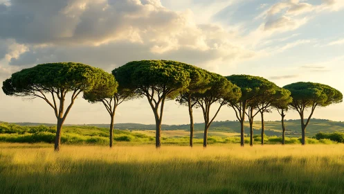 Sunlit umbrella pines aligned over golden coastal meadow.