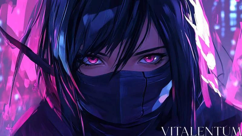 Masked cyberpunk assassin with neon magenta illuminated gaze.