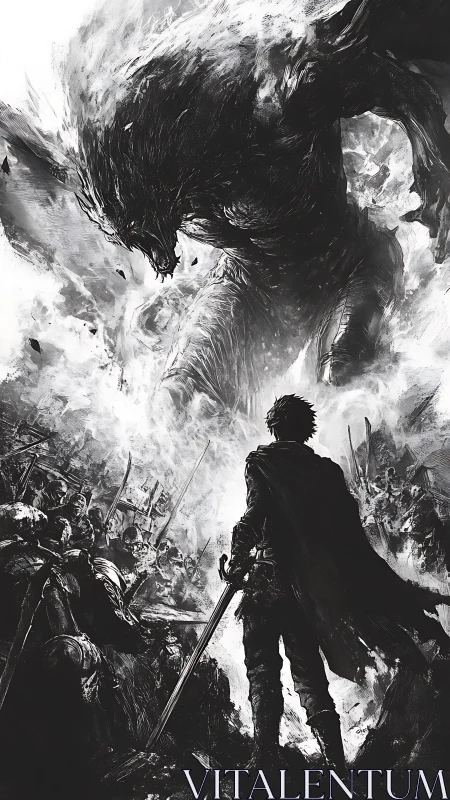 Lone swordsman confronts colossal demon amid war-torn ruins.