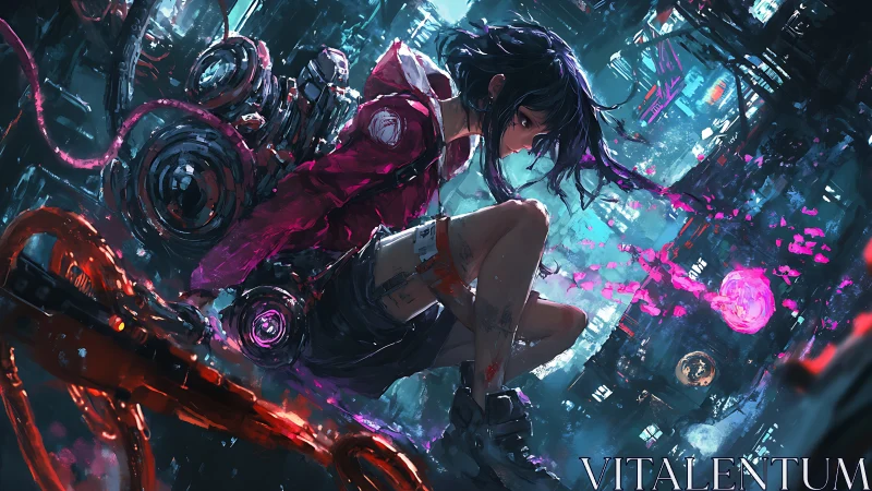 Neon runner girl bending data storms in rain-slick alleys.