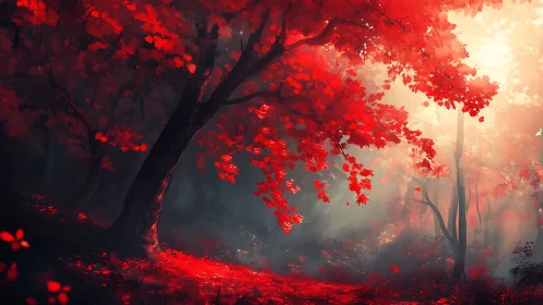 Crimson Forest Path Engulfed in Autumnal Mist and Glow.