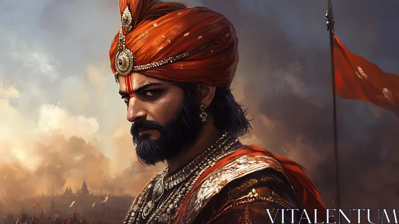 Militarized Maratha commander in crimson regalia, battle-lit profile.