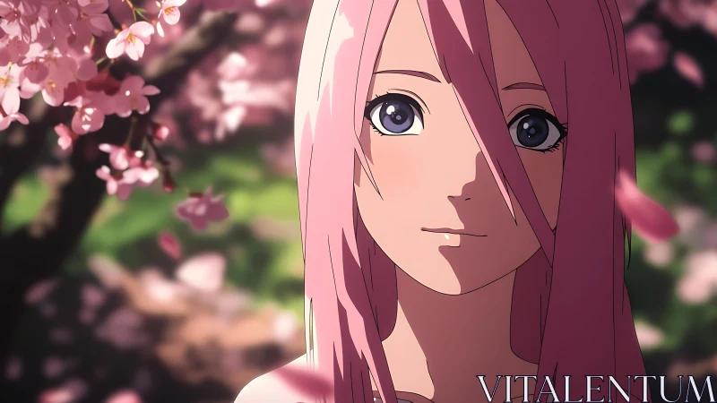 Pink haired anime girl stands under blooming cherry blossoms