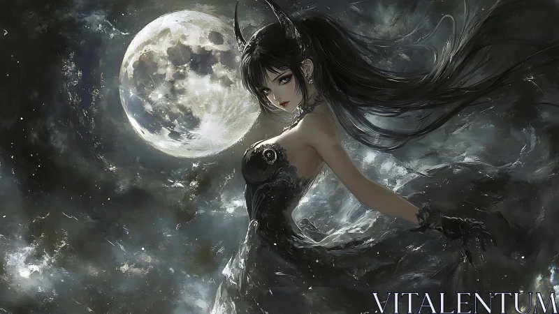 Moonlit dark sorceress in flowing gothic dress at night.