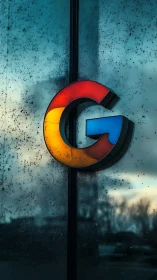 Colorful corporate logo glows against rainy glass facade.