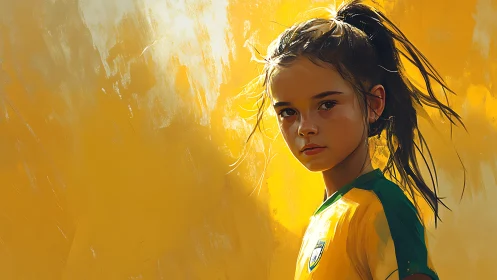 Young girl in yellow jersey against bold painted backdrop.