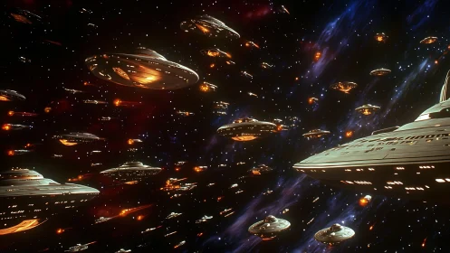 Dense formation of disc-shaped spacecraft in deep space.