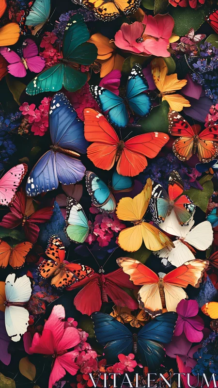 Vibrant butterfly collage over lush florals in rich bloom.