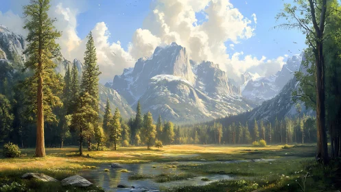 Digital painting landscape with alpine valley and pines.