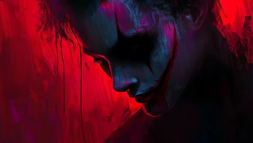 Crimson-lit painted clown face bowed in shadowed sorrow.