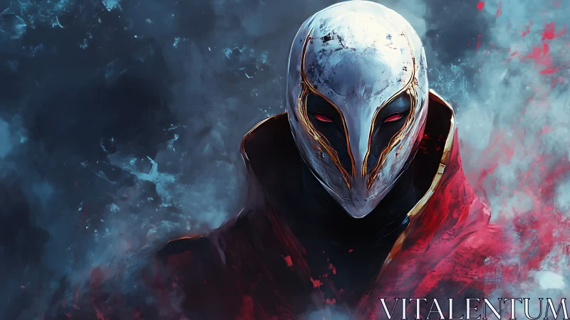 Armored masked figure with stylized white helm amid turbulent smoke