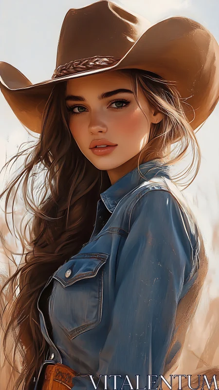 Cowgirl figure in denim shirt and hat outdoors portrait.