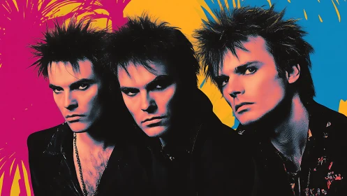 Triplicate neon portrait of spiked-haired new wave frontman.