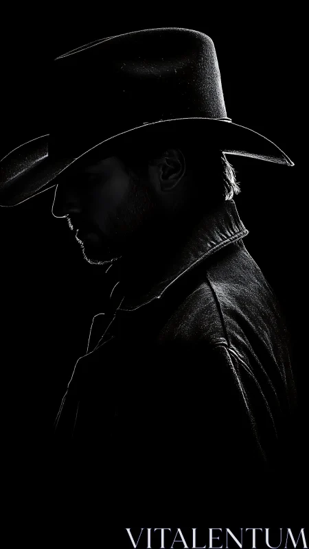 Silhouette shows side profile of man in hat against black