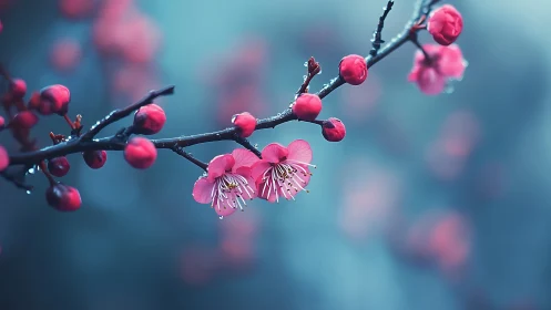 Pink Blossoms and Buds on Dark Branch Against Blurred Backdrop