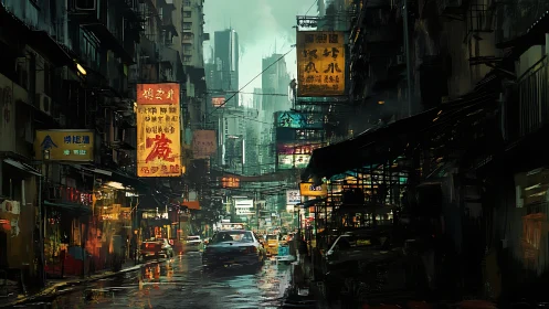 Rain soaked cyberpunk alley with neon city signage.