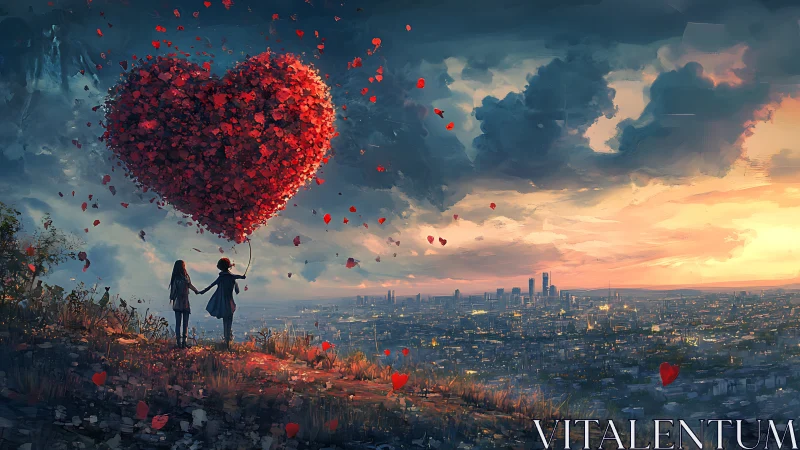 Two figures hold massive floating heart composed of scattered particles.