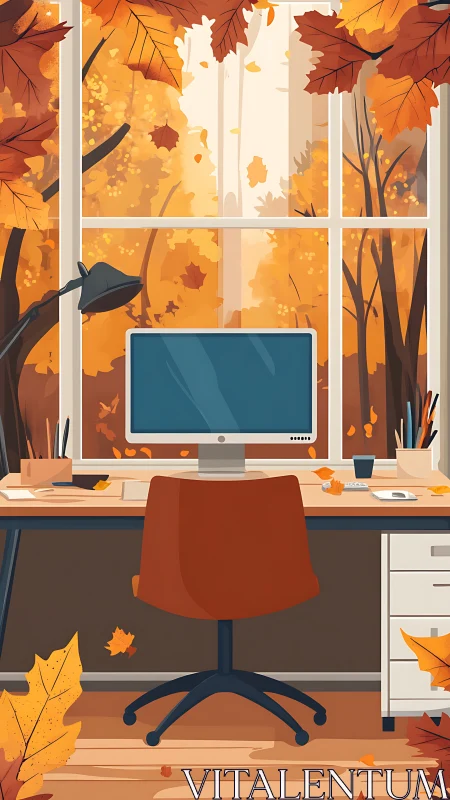 Autumn workspace interior with monitor and large window view.