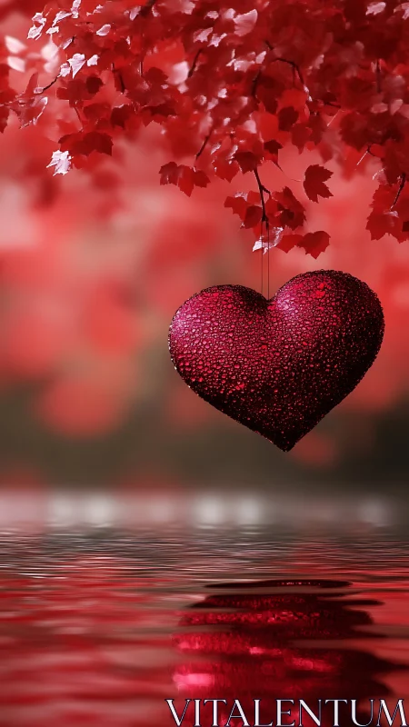 Suspended Glittering Heart in Red Foliage Setting