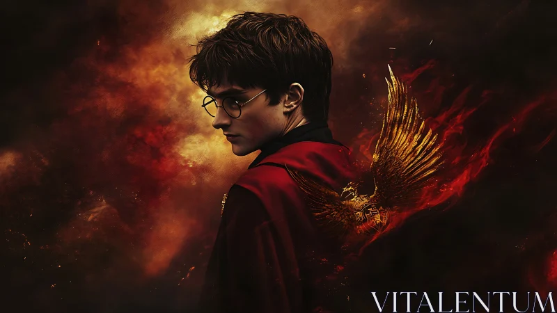 Boy in red cloak with fiery golden winged emblem ignited.