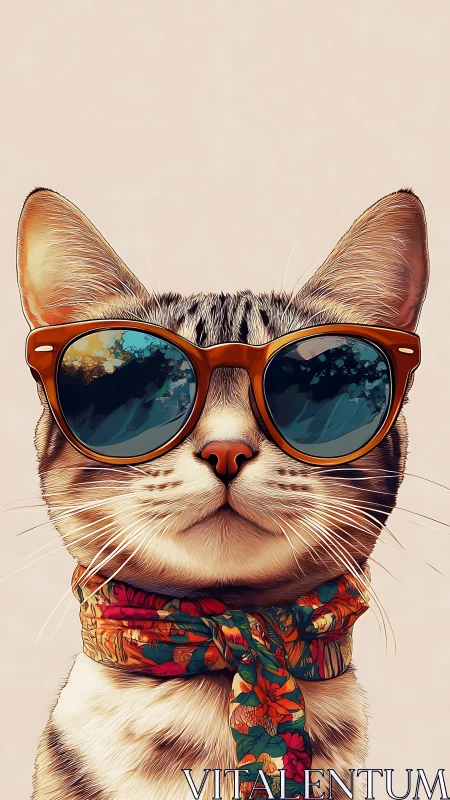 Stylish Cat in Sunglasses and Tropical Scarf.