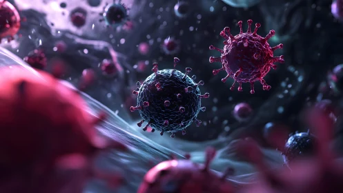 3D Illustration of Virus Particles in Dark Abstract Biological Space.
