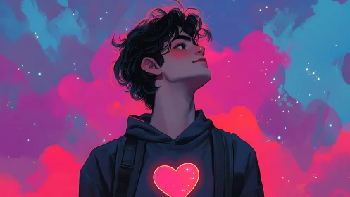Young figure in hoodie with heart icon amid neon clouds.