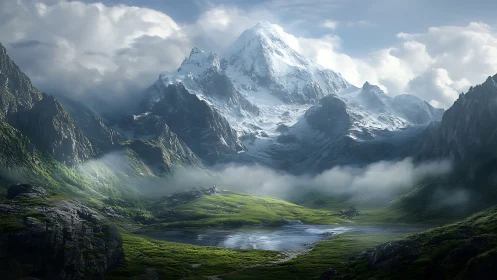 Snowcapped alpine massif above misted emerald valley basin.