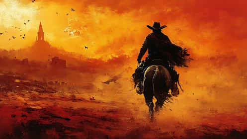 Lone rider moves toward a glowing frontier town at sunset
