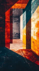 Bold geometric corridor glows with layered, colorful light