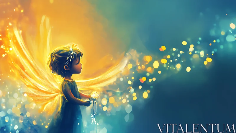Luminescent fairy child with bokeh trail and warm rim lighting